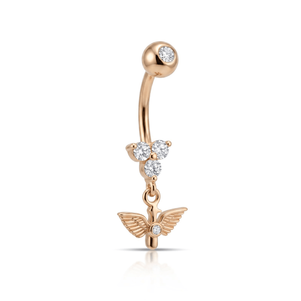 14 Ayar Altın Taşlı Kuş Sallantılı Göbek Piercing - Dianora Piercing Jewelry