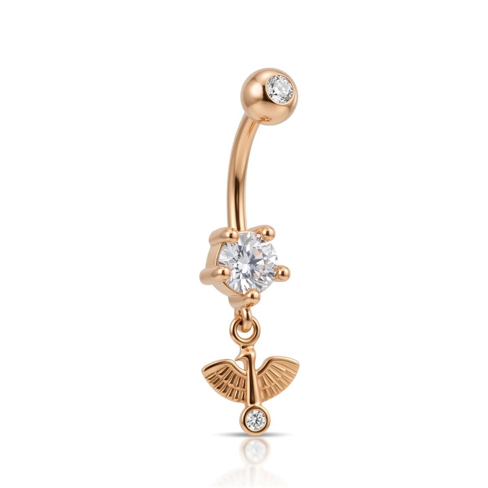 14 Ayar Altın Taşlı Kuş Sallantılı Göbek Piercing - Dianora Piercing Jewelry