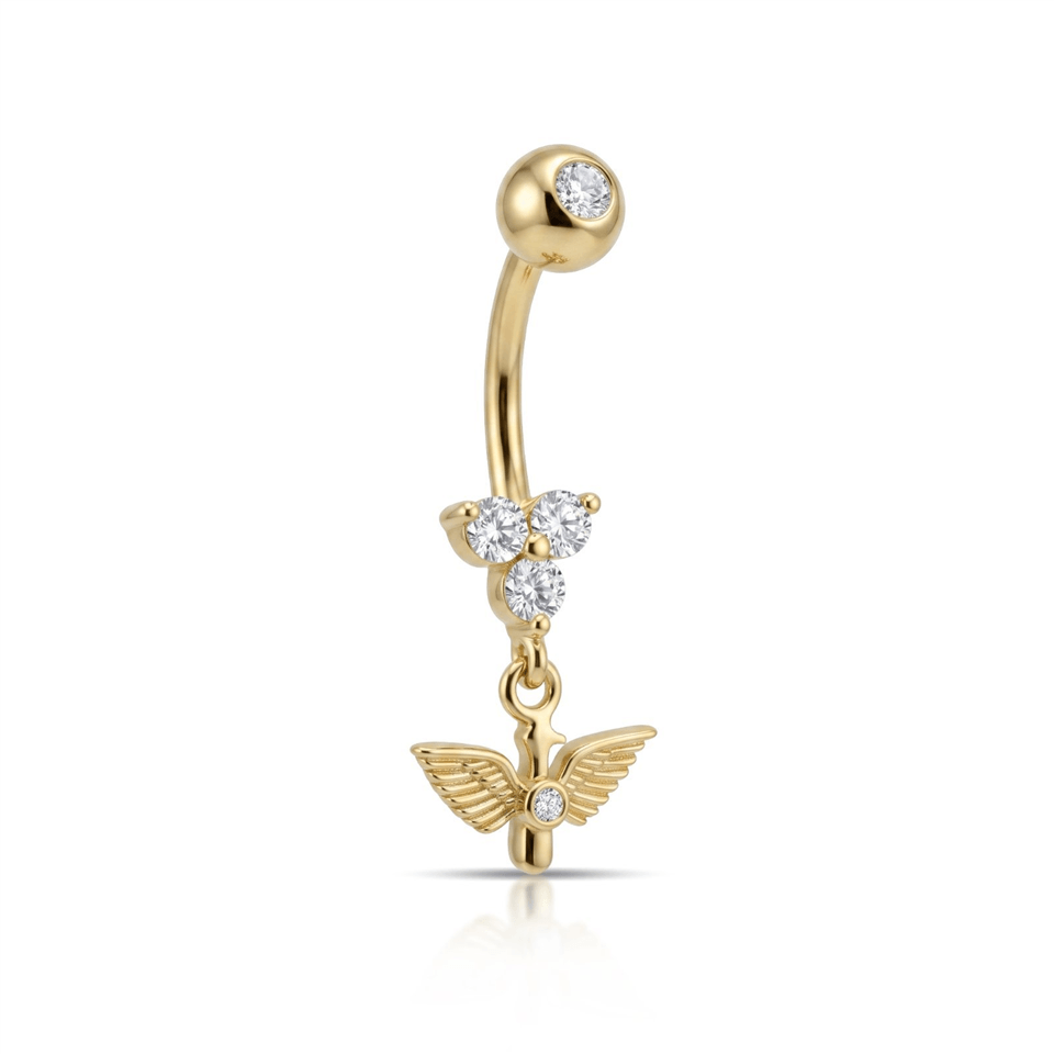 14 Ayar Altın Taşlı Kuş Sallantılı Göbek Piercing - Dianora Piercing Jewelry