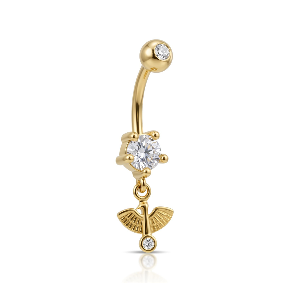 14 Ayar Altın Taşlı Kuş Sallantılı Göbek Piercing - Dianora Piercing Jewelry