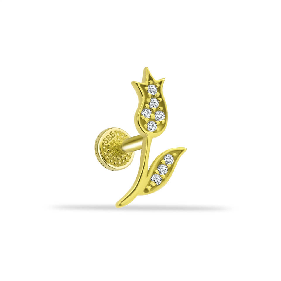 14 Ayar Altın Taşlı Lale Minimal Tragus Piercing - Dianora Piercing Jewelry