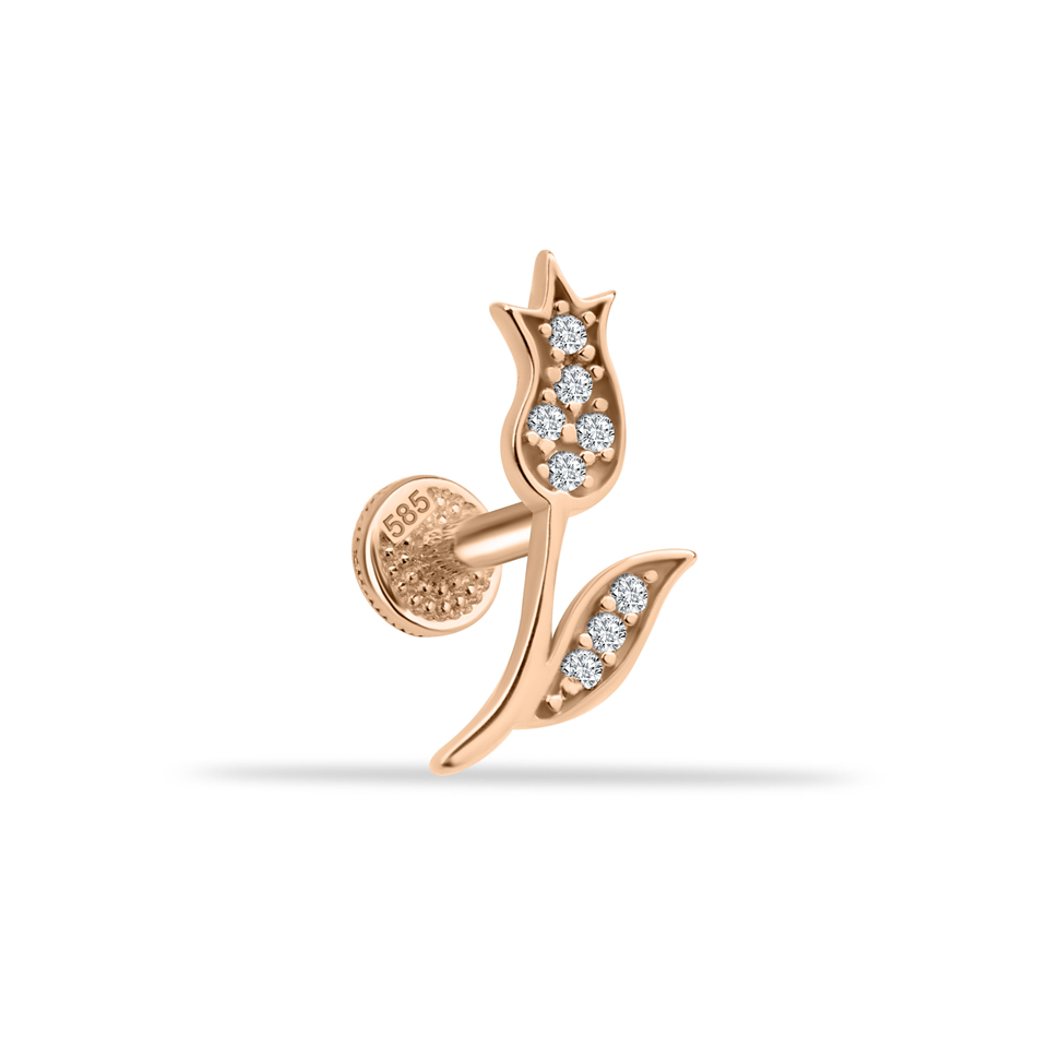14 Ayar Altın Taşlı Lale Minimal Tragus Piercing - Dianora Piercing Jewelry