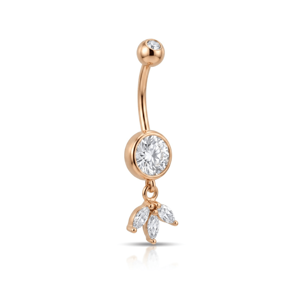 14 Ayar Altın Taşlı Lotus Çiçek Sallantılı Göbek Piercing - Dianora Piercing Jewelry