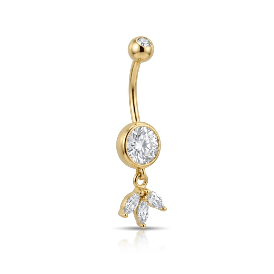 14 Ayar Altın Taşlı Lotus Çiçek Sallantılı Göbek Piercing - Dianora Piercing Jewelry