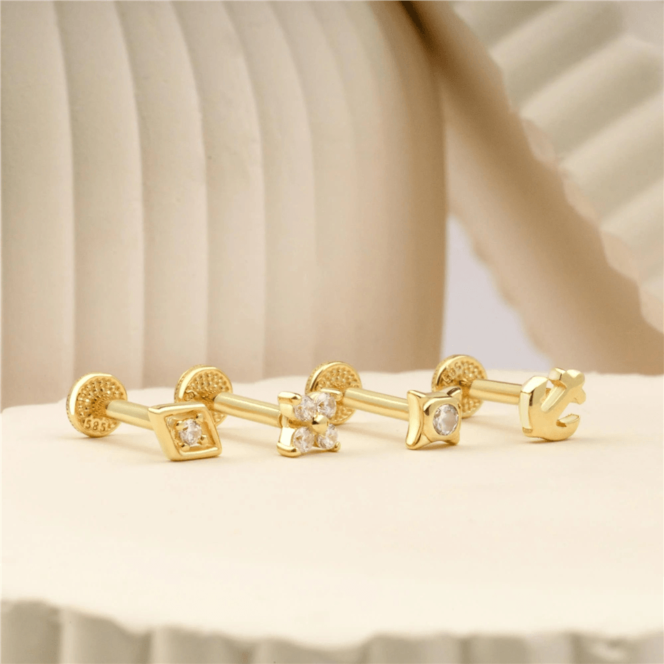 14 Ayar Altın Taşlı Minimal Tragus Piercing - Dianora Piercing Jewelry