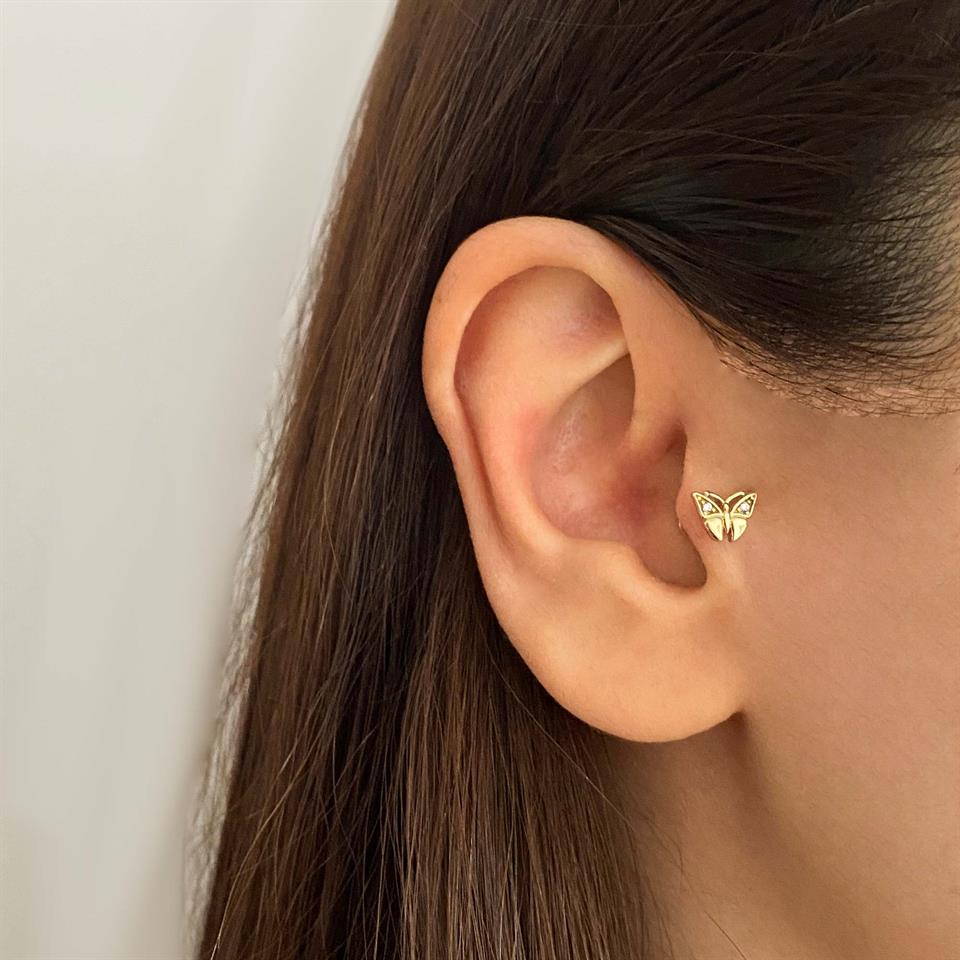 14 Ayar Altın Taşlı Minimal Tragus Piercing