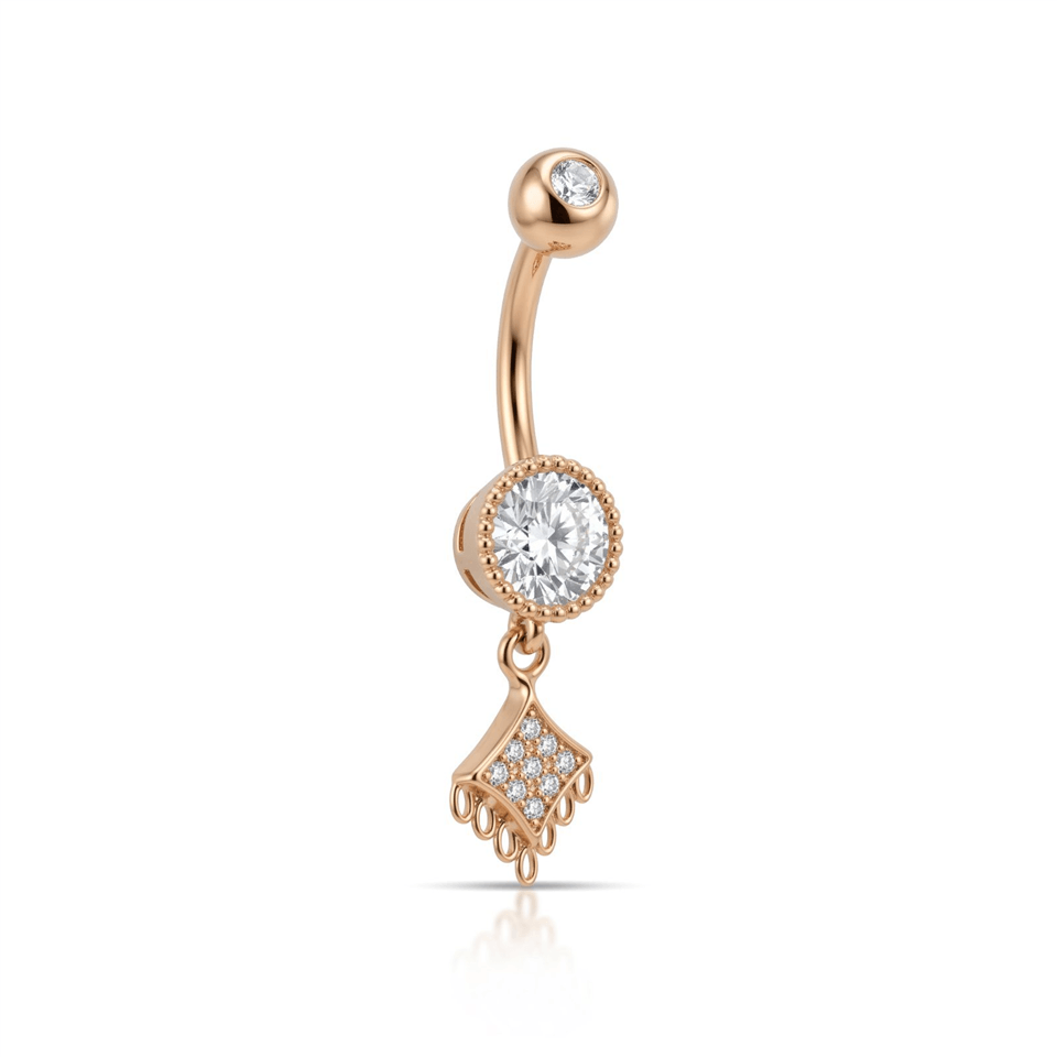 14 Ayar Altın Taşlı Motifli Sallantılı Göbek Piercing - Dianora Piercing Jewelry