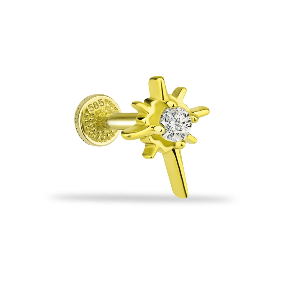 14 Ayar Altın Taşlı Parlayan Yıldız Minimal Minimal Tragus Piercing - Dianora Piercing Jewelry