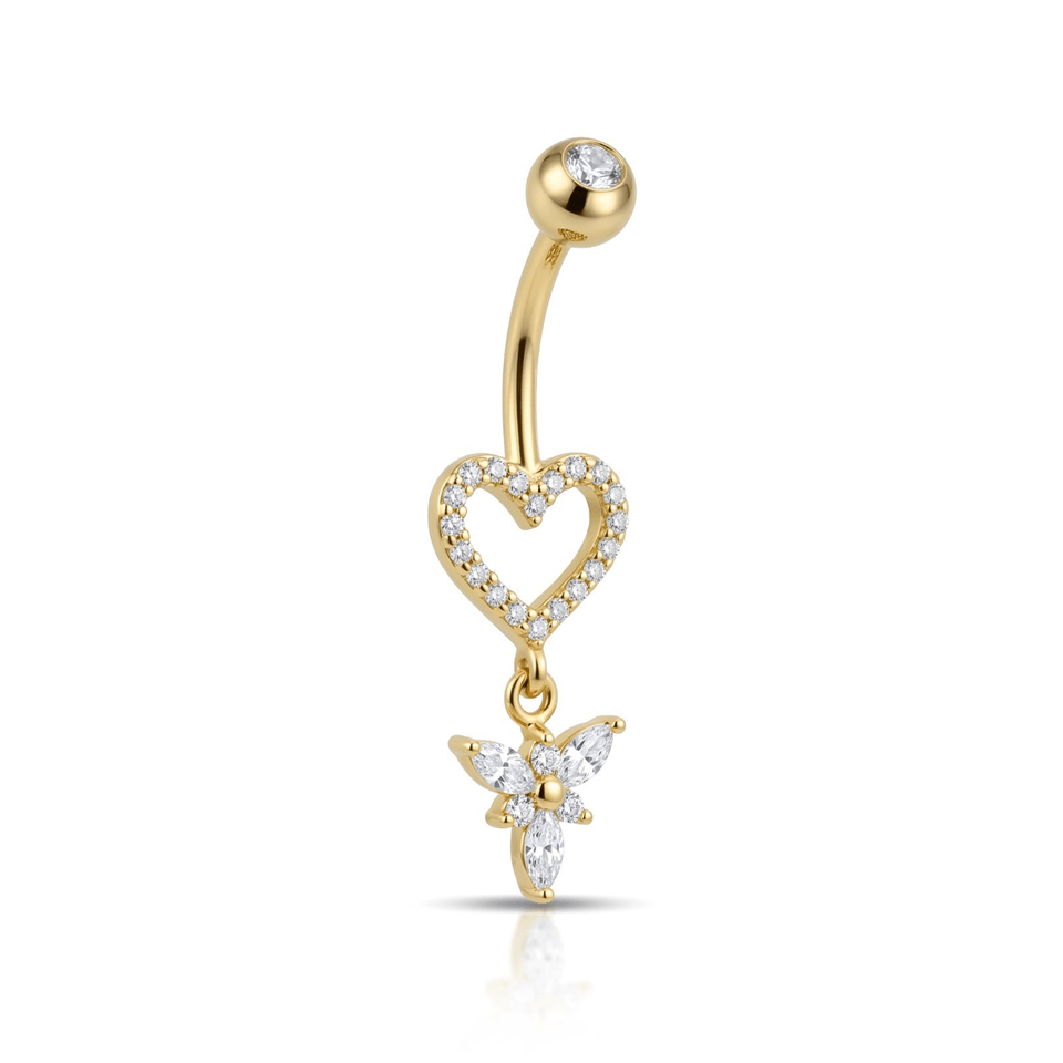 14 Ayar Altın Taşlı Sallantılı Kalp Gösterişli Göbek Piercing - Dianora Piercing Jewelry