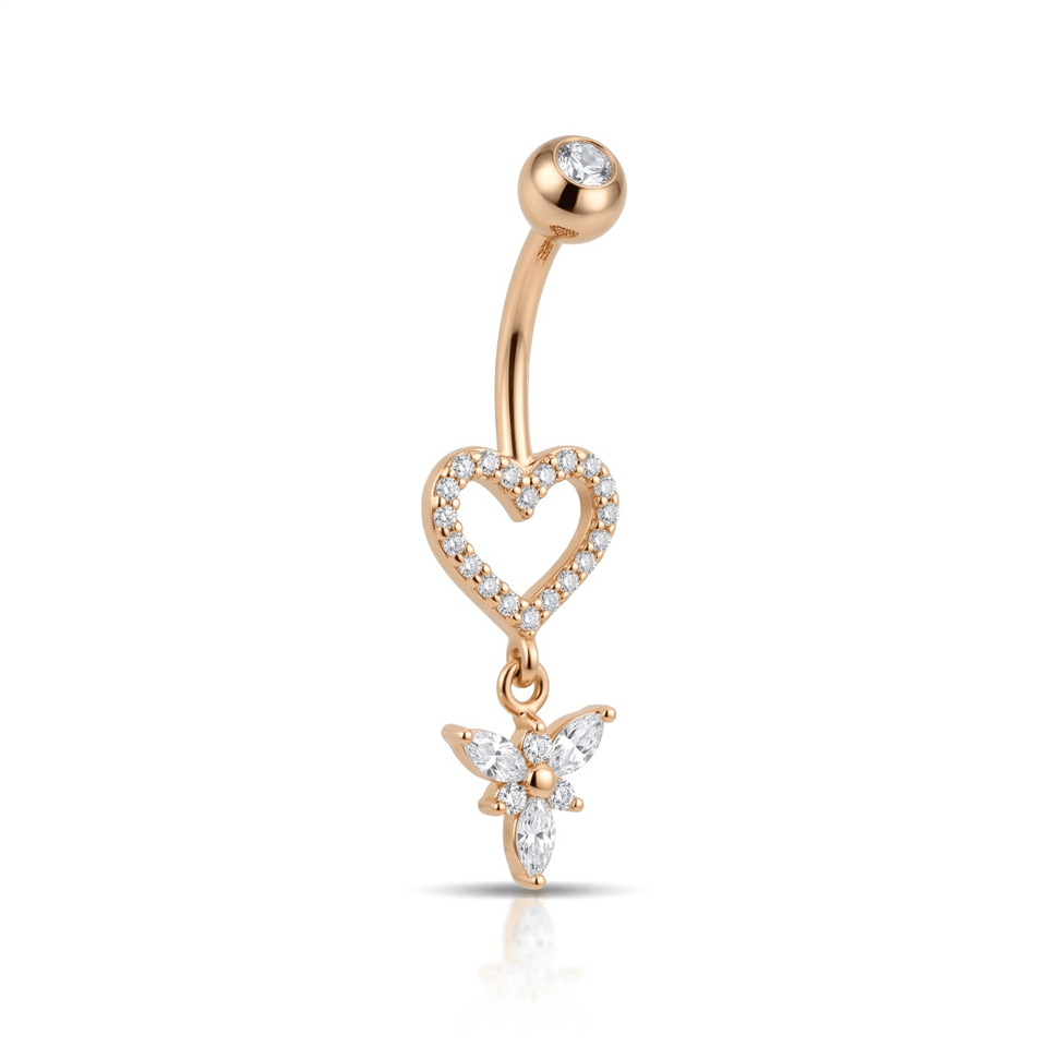 14 Ayar Altın Taşlı Sallantılı Kalp Gösterişli Göbek Piercing - Dianora Piercing Jewelry