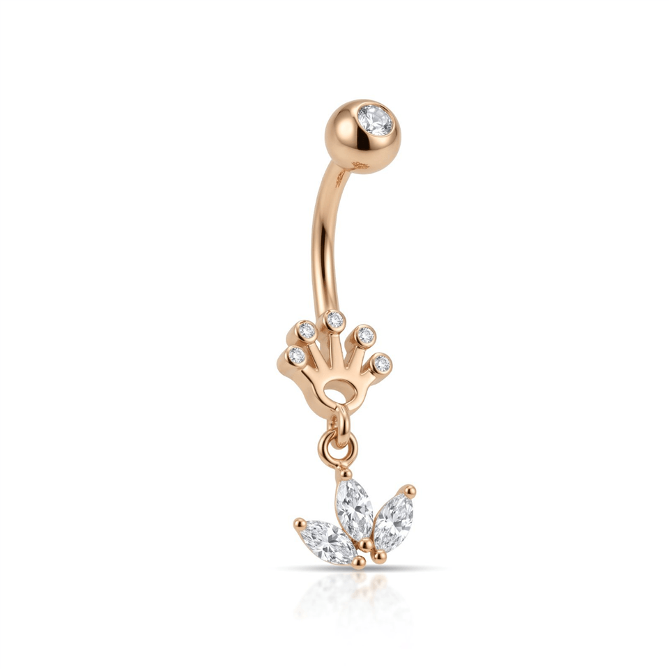 14 Ayar Altın Taşlı Taç Motifli Markis Taş Sallantılı Göbek Piercing  - Dianora Piercing Jewelry
