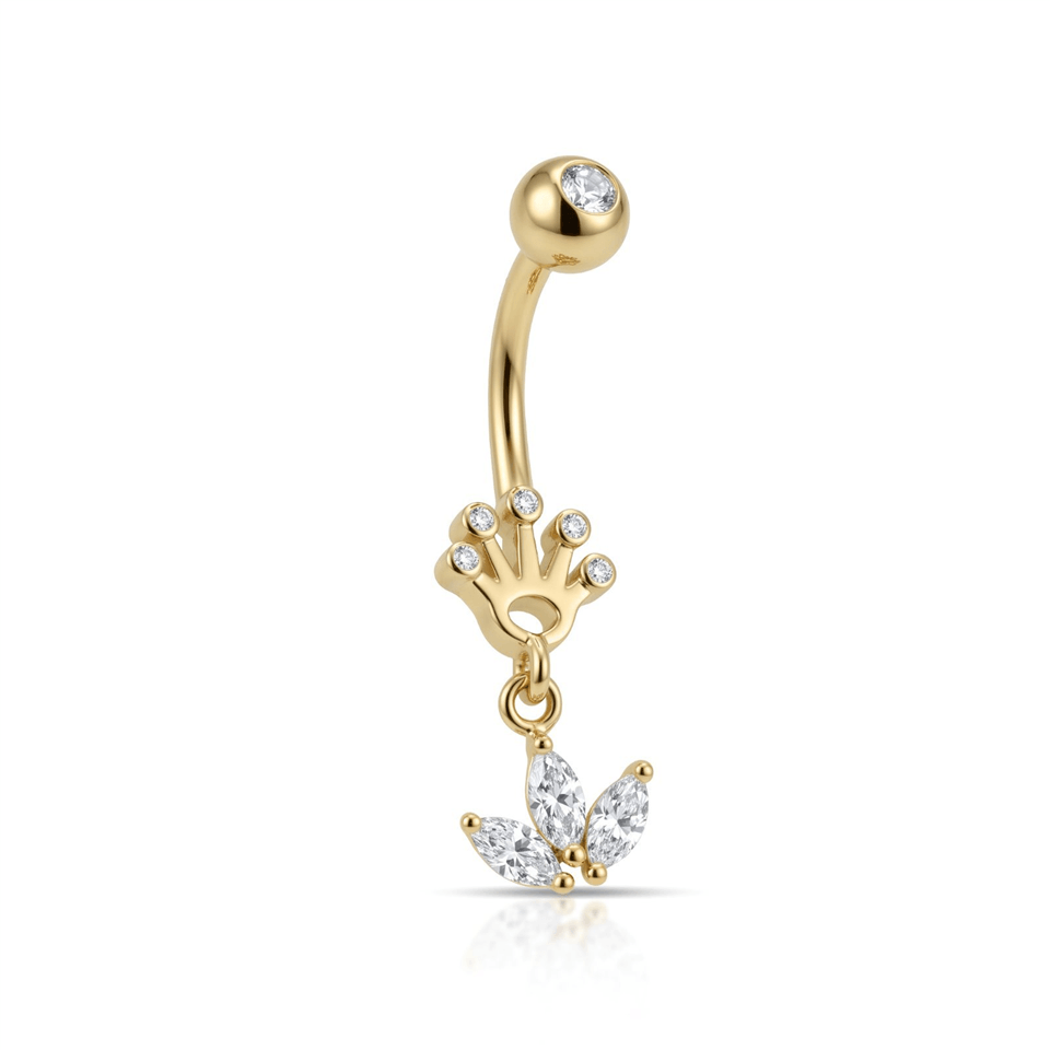 14 Ayar Altın Taşlı Taç Motifli Markis Taş Sallantılı Göbek Piercing  - Dianora Piercing Jewelry