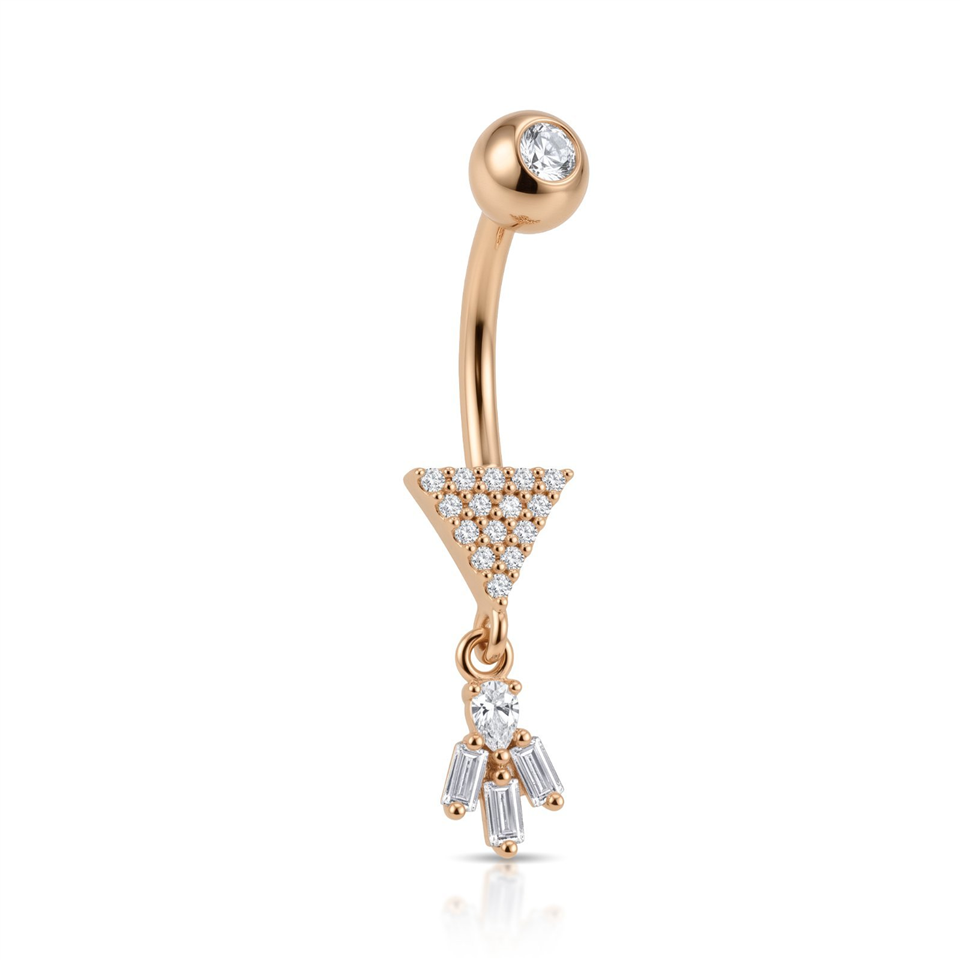 14 Ayar Altın Taşlı Üçgen Baget Taş Sallantılı Göbek Piercing - Dianora Piercing Jewelry