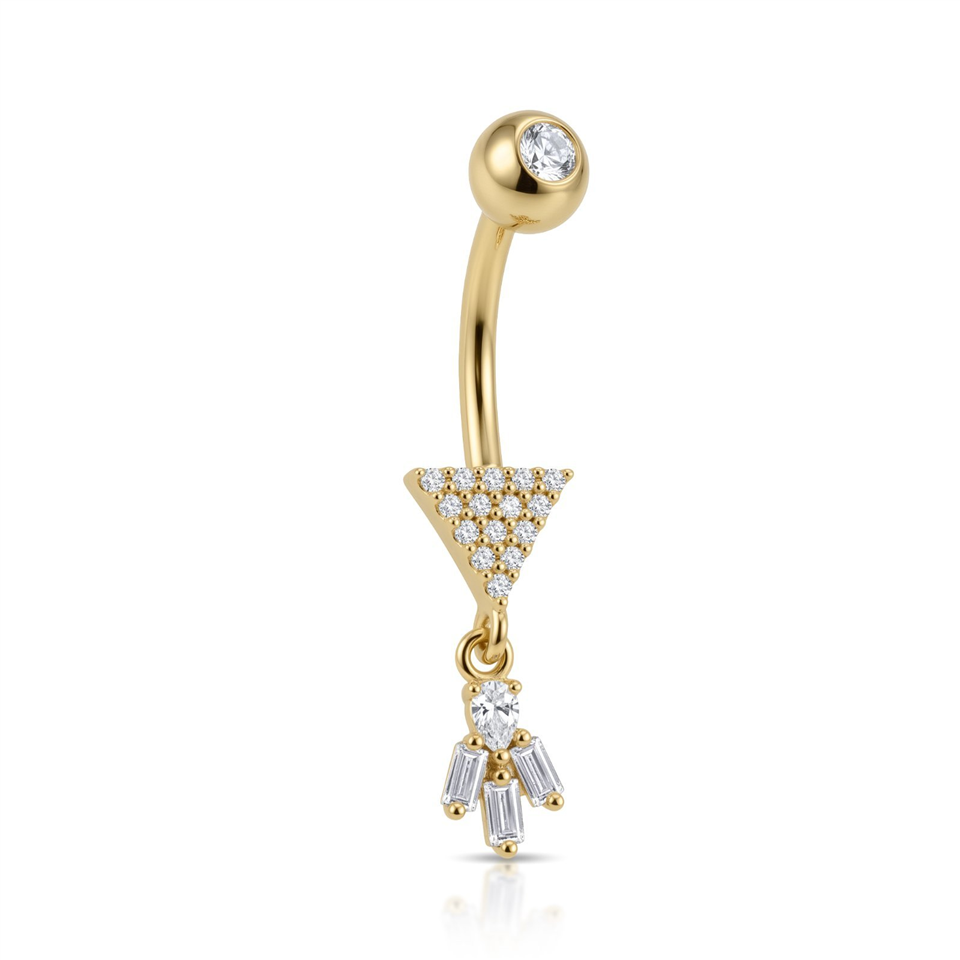 14 Ayar Altın Taşlı Üçgen Baget Taş Sallantılı Göbek Piercing - Dianora Piercing Jewelry