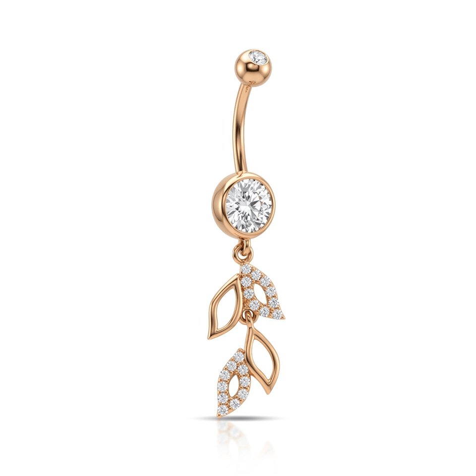 14 Ayar Altın Taşlı Yaprak Sallantılı Göbek Piercing - Dianora Piercing Jewelry