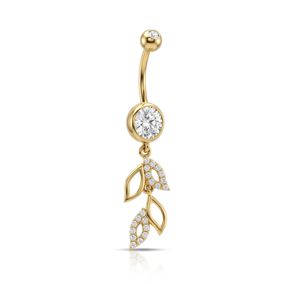 14 Ayar Altın Taşlı Yaprak Sallantılı Göbek Piercing - Dianora Piercing Jewelry