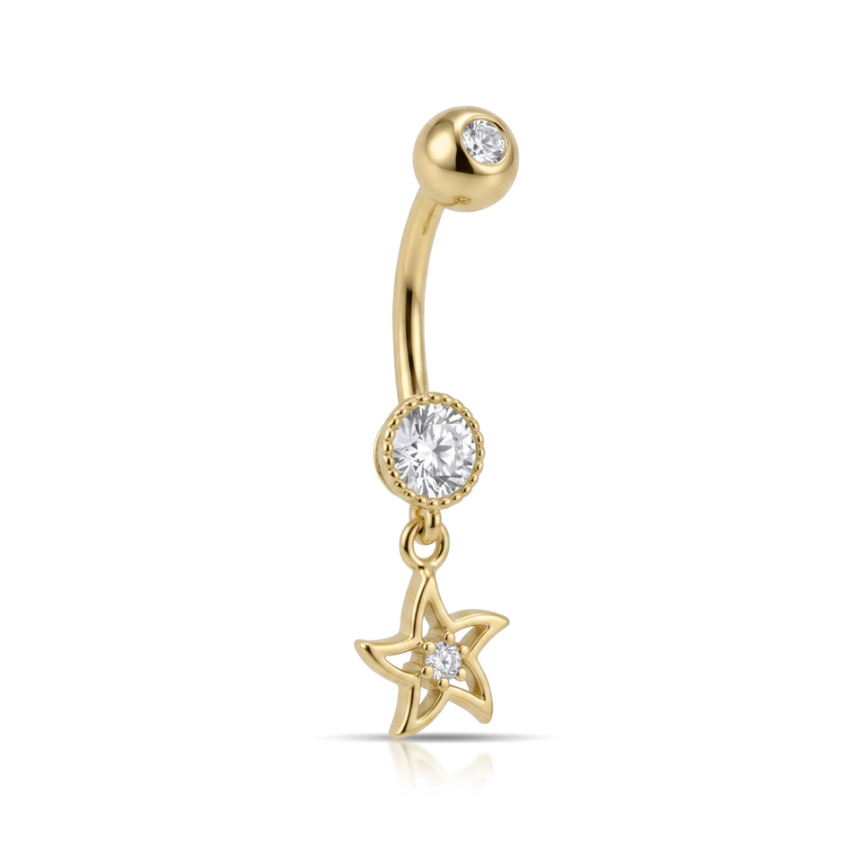 14 Ayar Altın Taşlı Yıldız Sallantılı Göbek Piercing - Dianora Piercing Jewelry