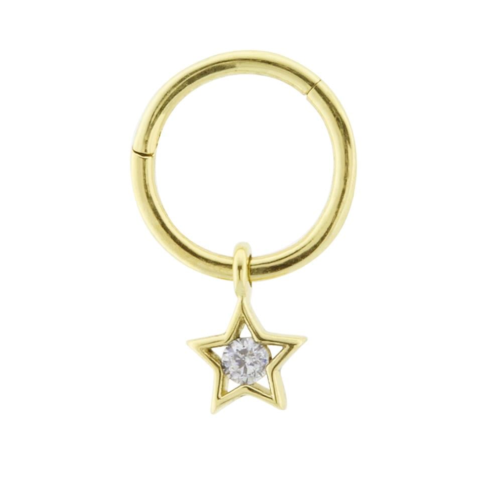 14 Ayar Altın Taşlı Yıldız Sallantılı Minimal Halka Piercing - Dianora Piercing