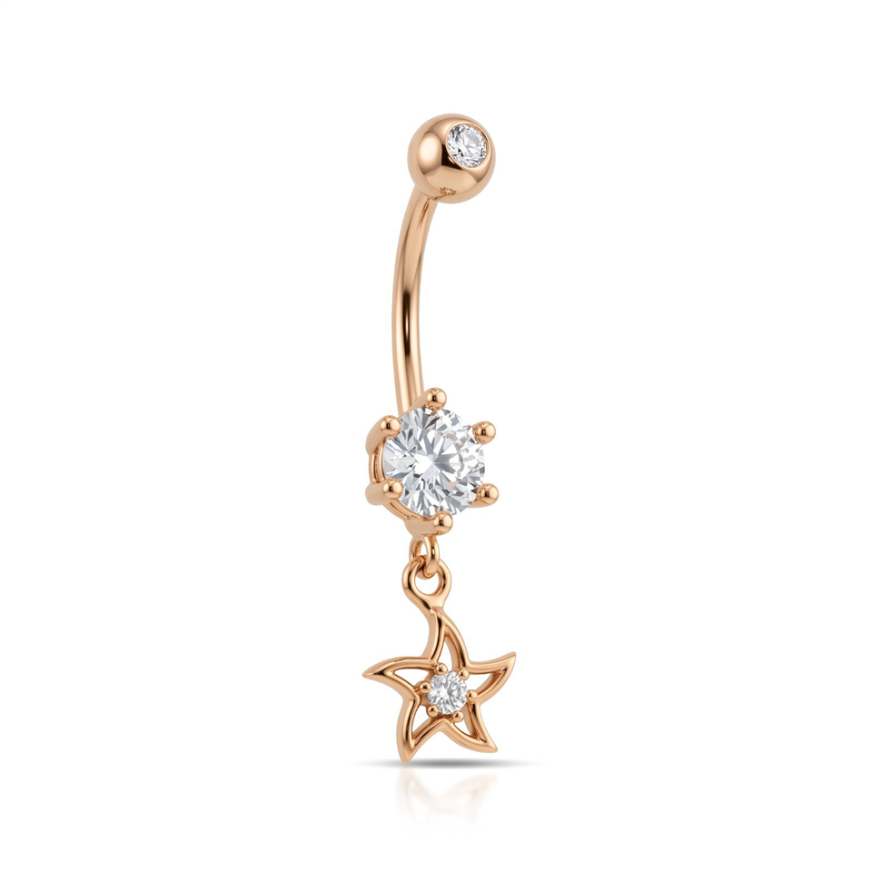 14 Ayar Altın Taşlı Yıldız Sallantılı Göbek Piercing - Dianora Piercing Jewelry