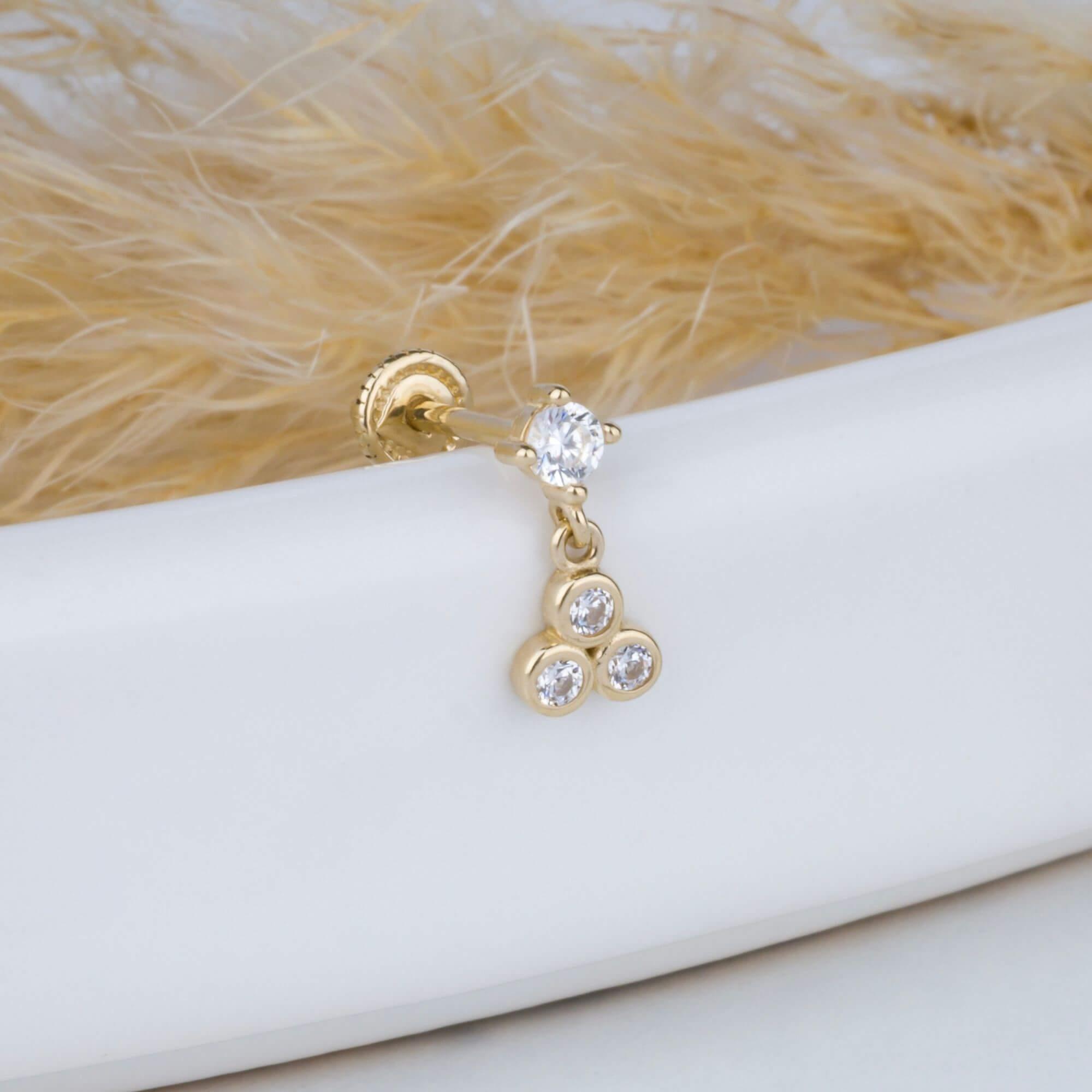 14 Ayar Altın Üç Taş Sallantılı Helix/Kıkırdak Piercing - Dianora Piercing