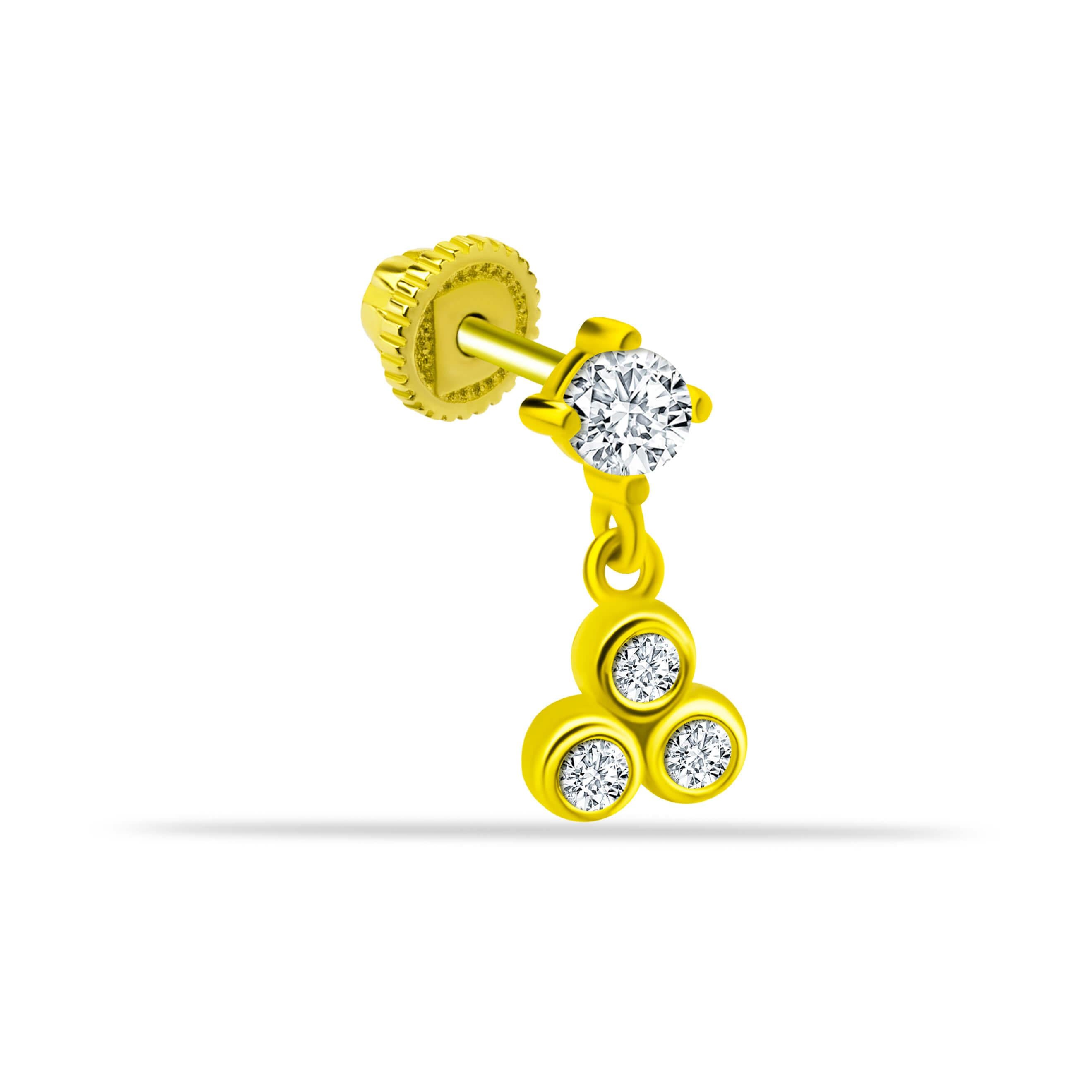 14 Ayar Altın Üç Taş Sallantılı Helix/Kıkırdak Piercing - Dianora Piercing