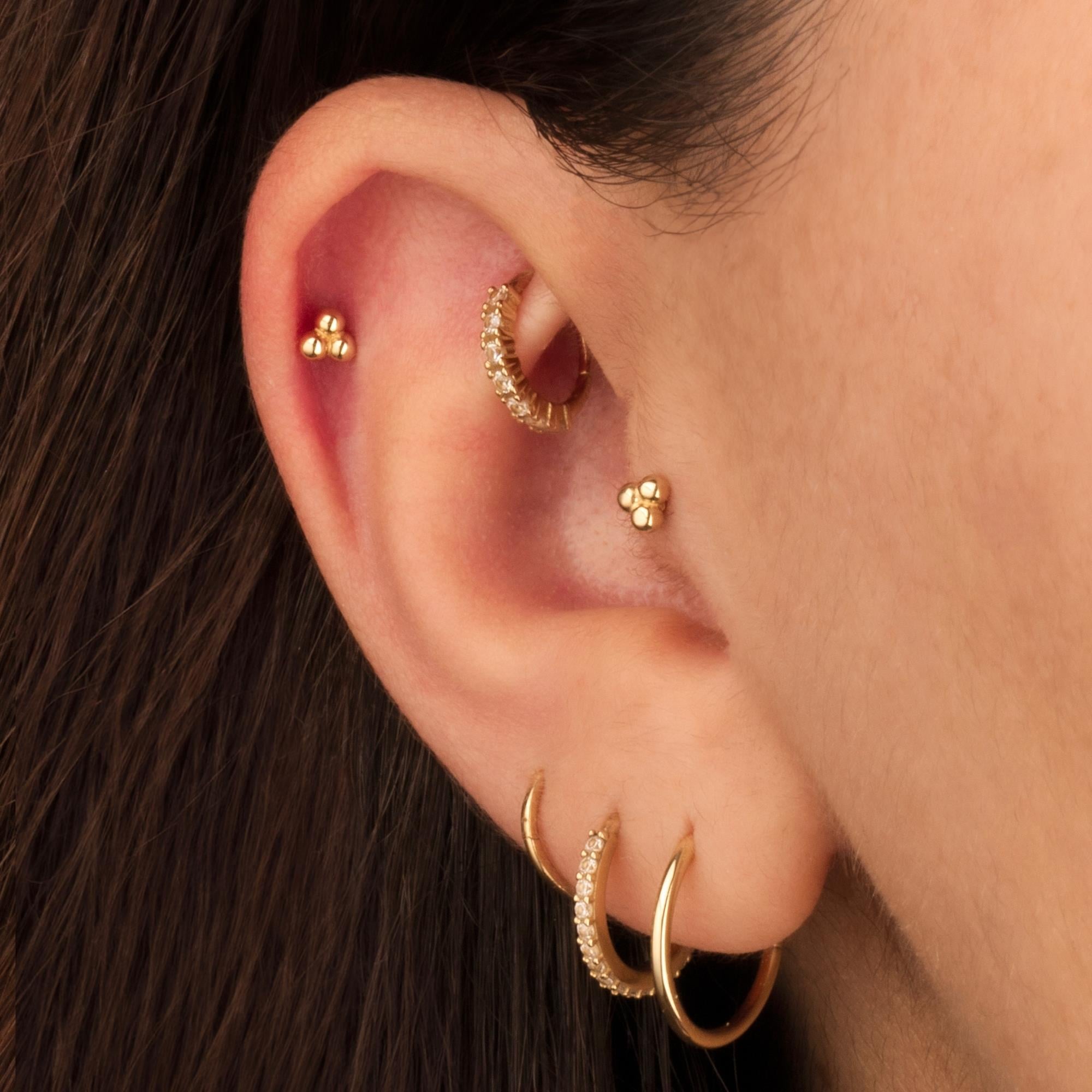 14 Ayar Altın Üç Top Minimal Tragus Piercing - Dianora Piercing