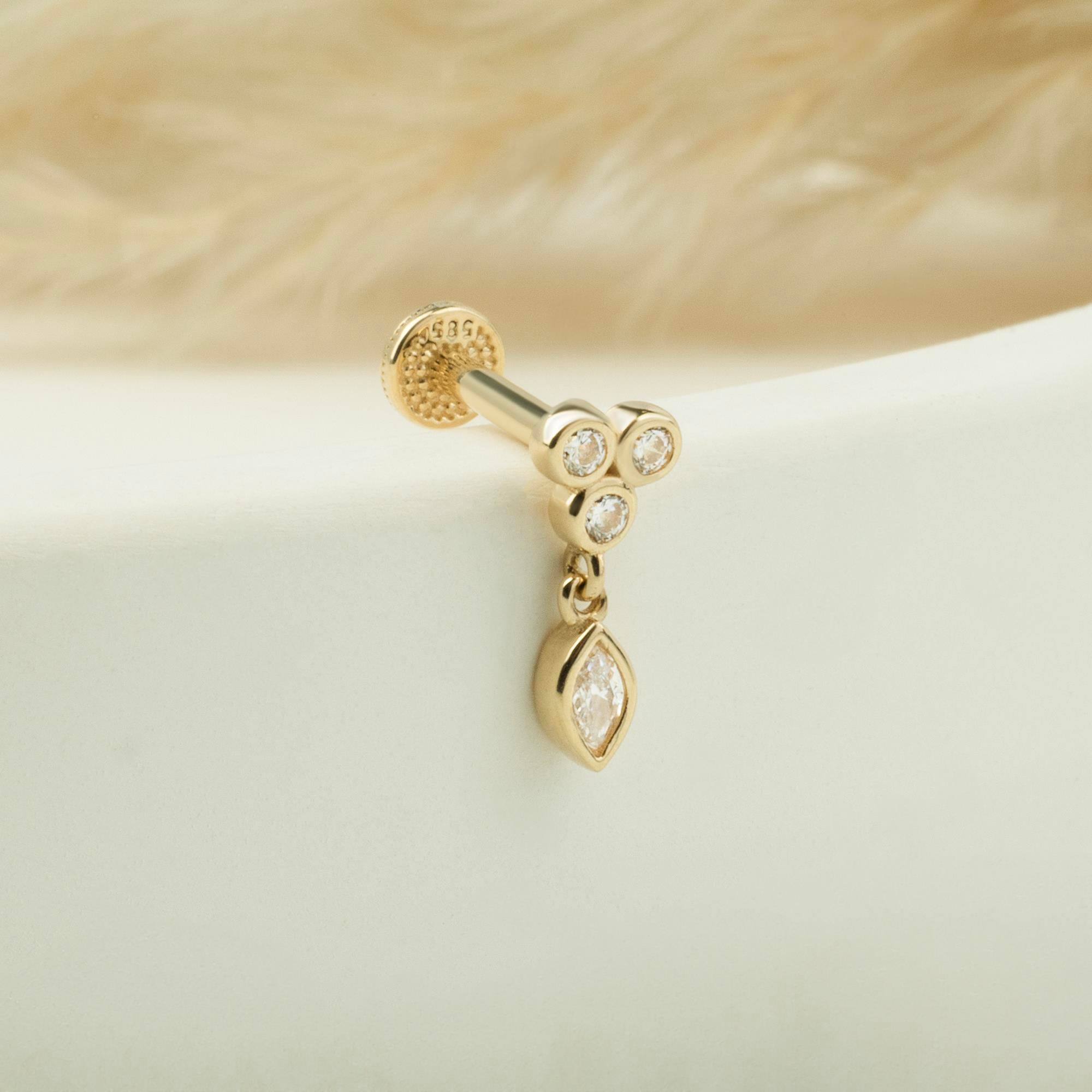 14 Ayar Altın Üç Top Minimal Tragus Piercing - Dianora Piercing