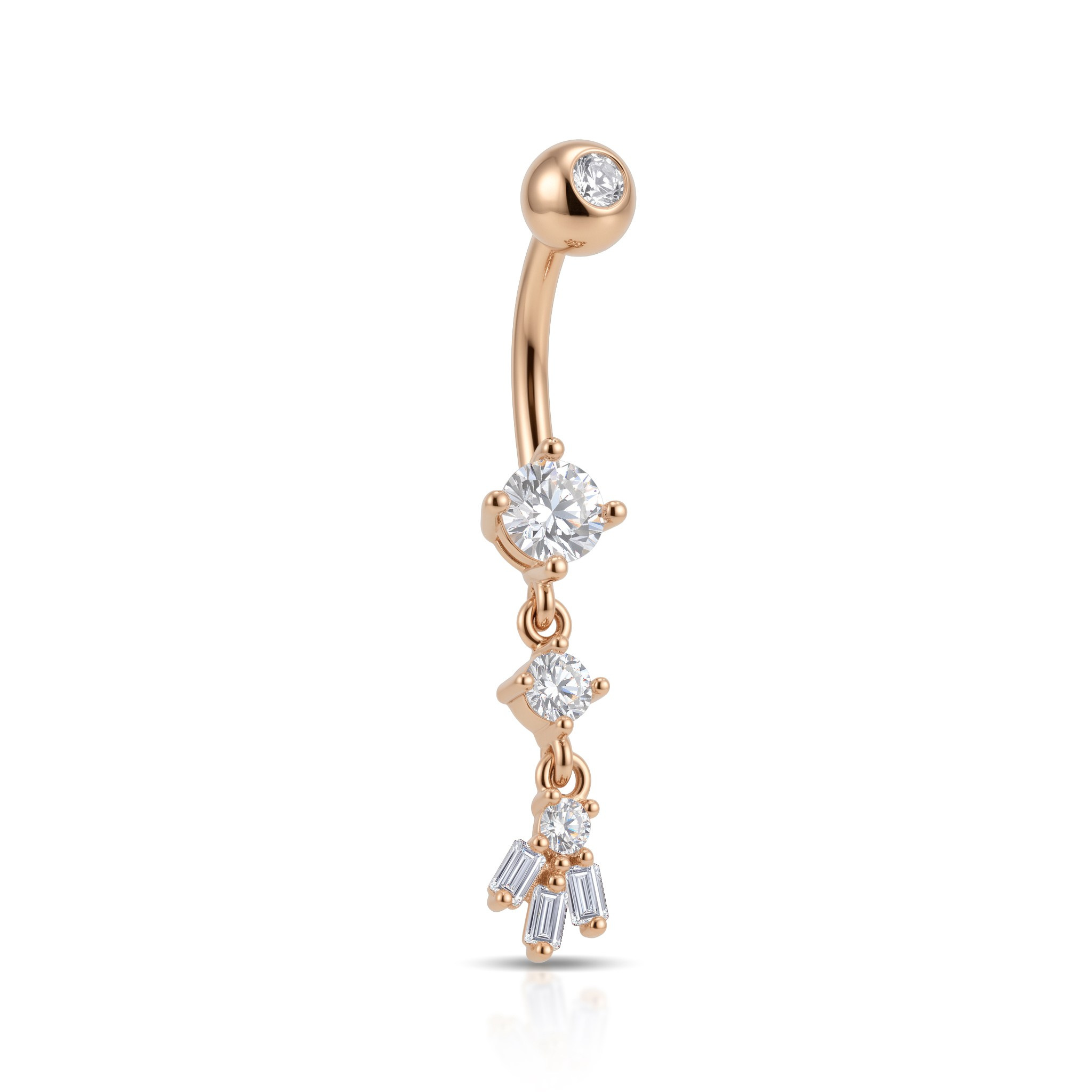 14 Ayar Altın Üçlü Sallantılı Baget Taşlı Göbek Piercing - Dianora Piercing Jewelry