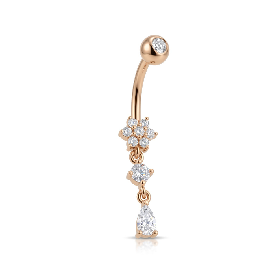 14 Ayar Altın Üçlü Sallantılı Çiçek Göbek Piercing - Dianora Piercing Jewelry