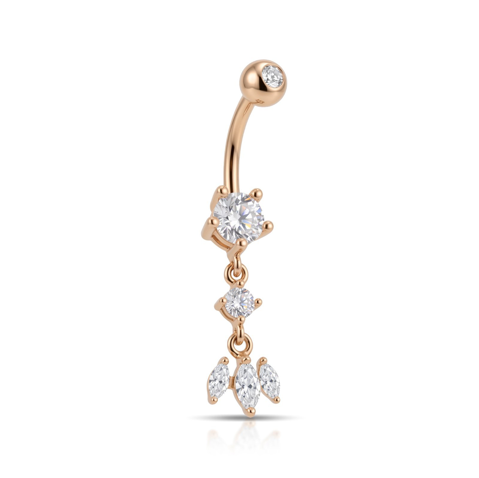 14 Ayar Altın Üçlü Sallantılı Markiz Taşlı Göbek Piercing - Dianora Piercing Jewelry