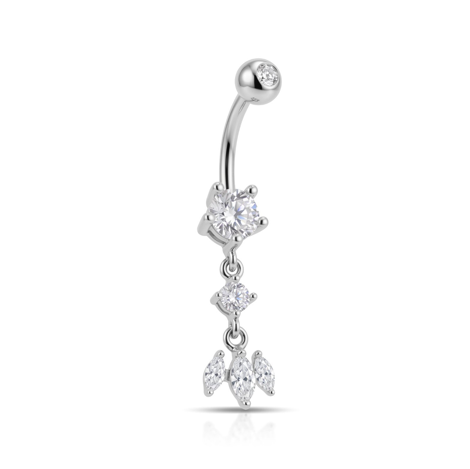 14 Ayar Altın Üçlü Sallantılı Markiz Taşlı Göbek Piercing - Dianora Piercing Jewelry