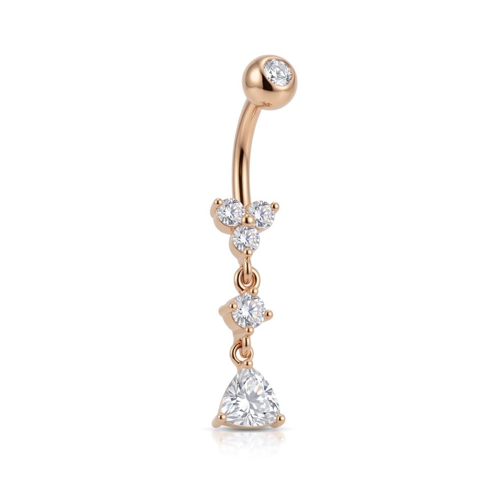 14 Ayar Altın Üçlü Sallantılı Üçgen Taşlı Göbek Piercing - Dianora Piercing Jewelry