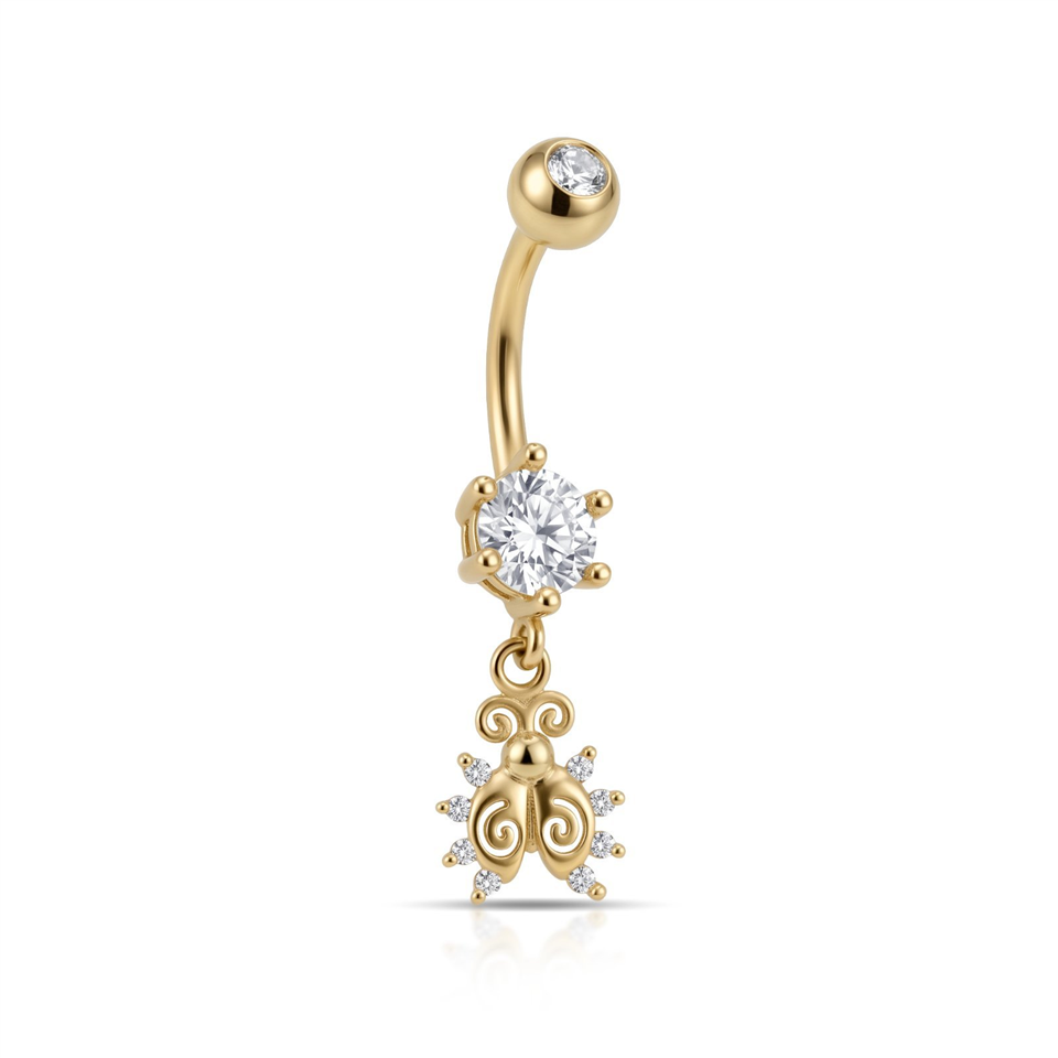 14 Ayar Altın Uğur Böceği Sallantılı Göbek Piercing - Dianora Piercing Jewelry