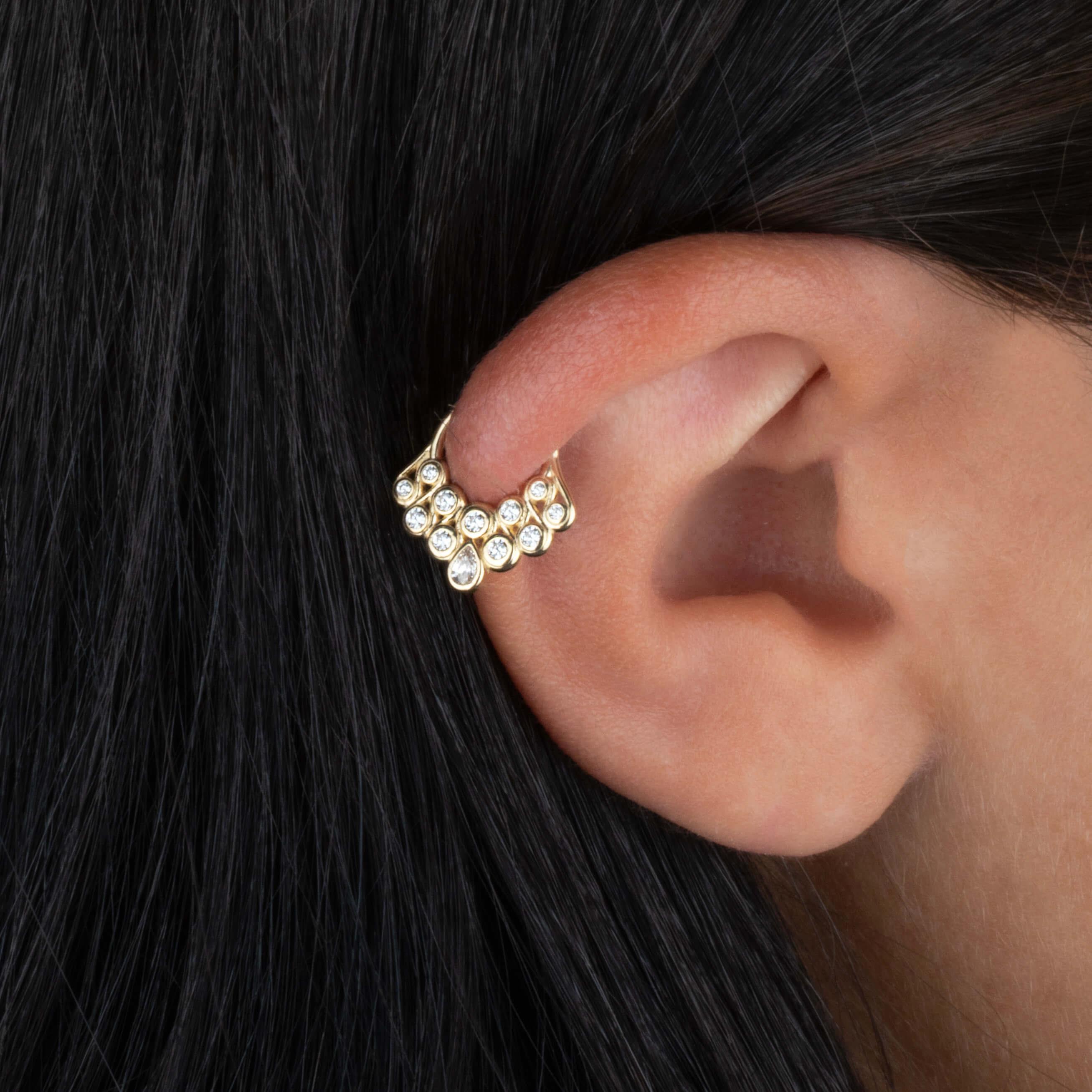14 Ayar Altın V Alttan Taşlı Minimal Halka Piercing - Dianora Piercing
