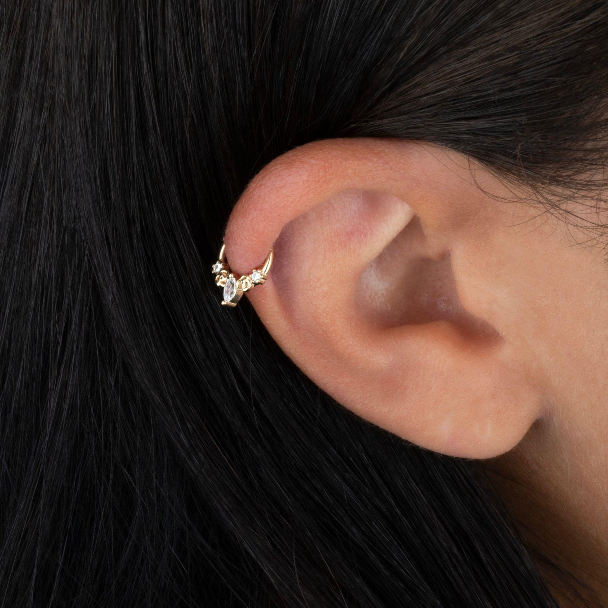 14 Ayar Altın V Alttan Taşlı Minimal Halka Piercing - Dianora Piercing