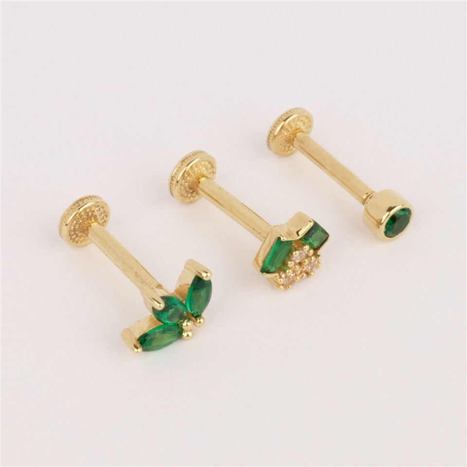 14 Ayar Altın Yeşil Baget Taşlı Minimal Tragus Piercing - Dianora Piercing Jewelry