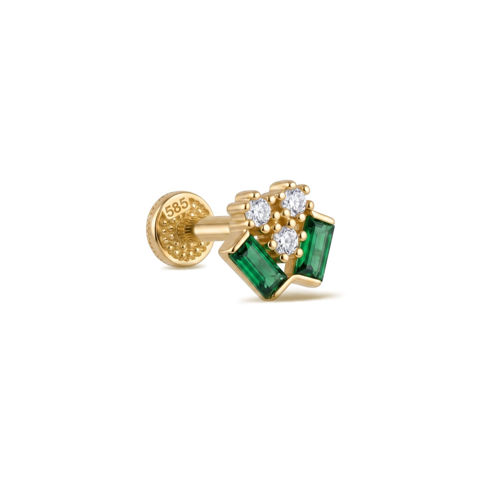 14 Ayar Altın Yeşil Baget Taşlı Minimal Tragus Piercing - Dianora Piercing Jewelry