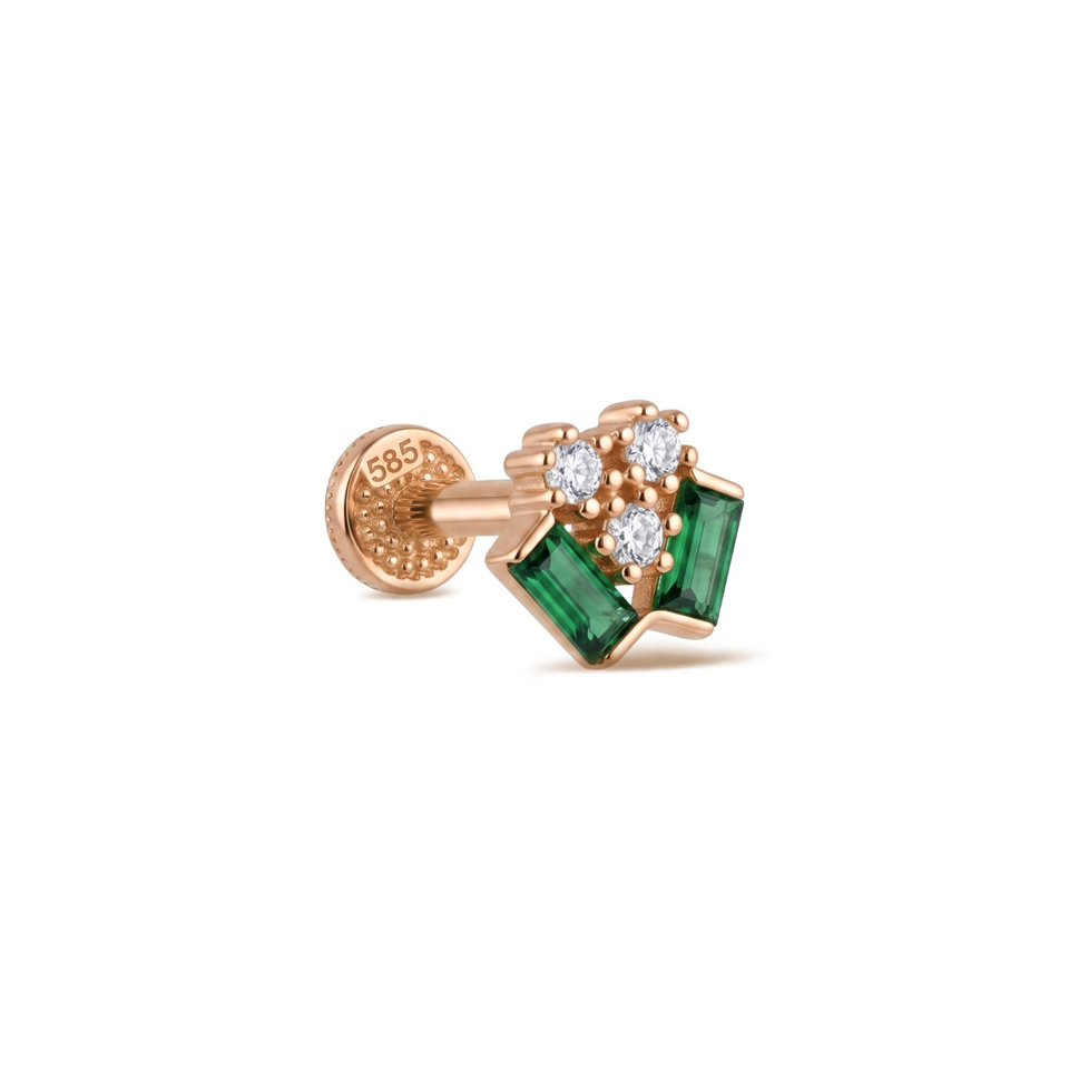 14 Ayar Altın Yeşil Baget Taşlı Minimal Tragus Piercing - Dianora Piercing Jewelry