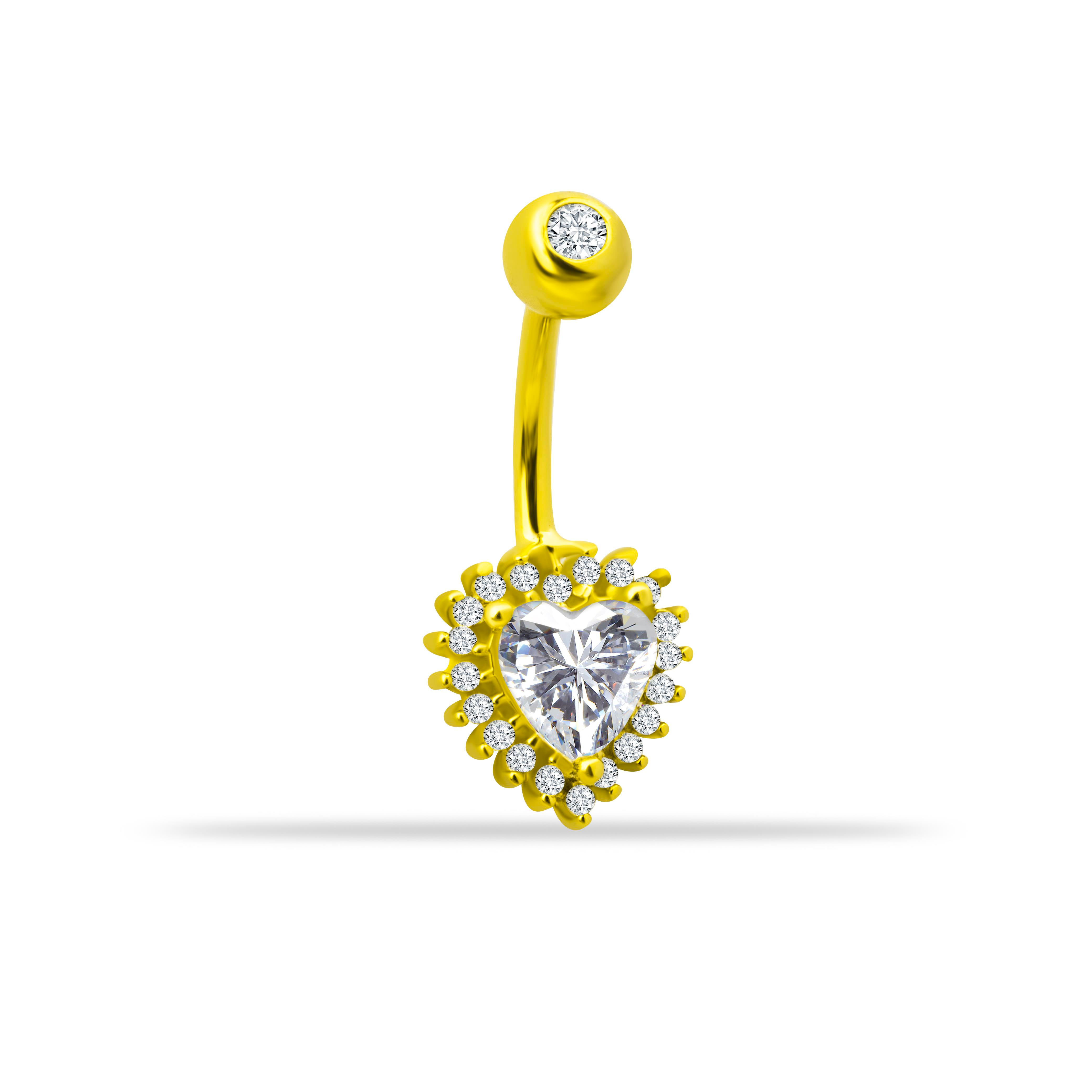 14 Ayar Altın Taşlı Kalp Gösterişli Göbek Piercing --- 6 mm Top - Sarı Altın