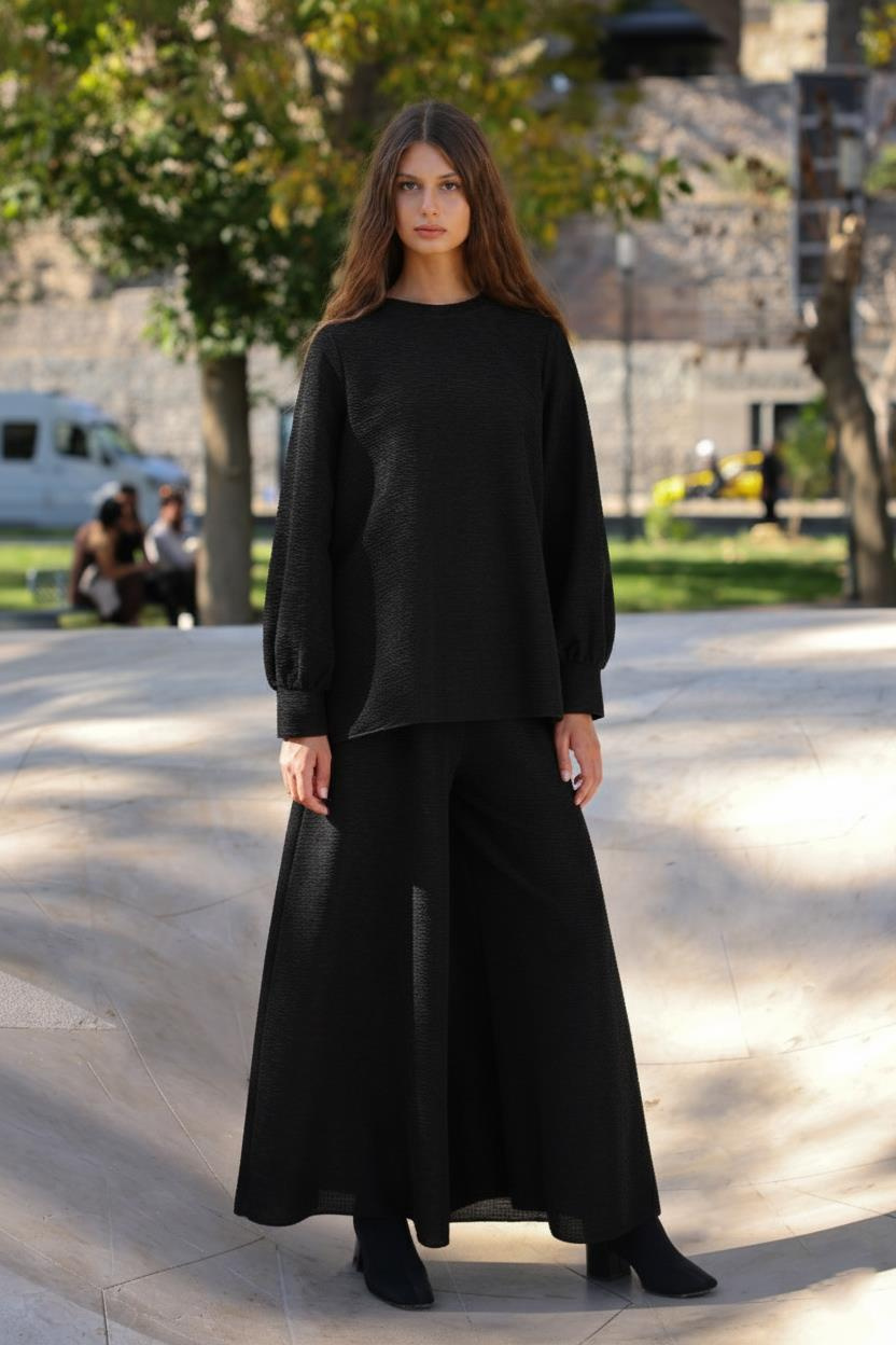 BÜRÜMCÜKLÜ KREP UZUN MANŞETLİ BLUZ	 	 	 	 	 	 	 	 	 	