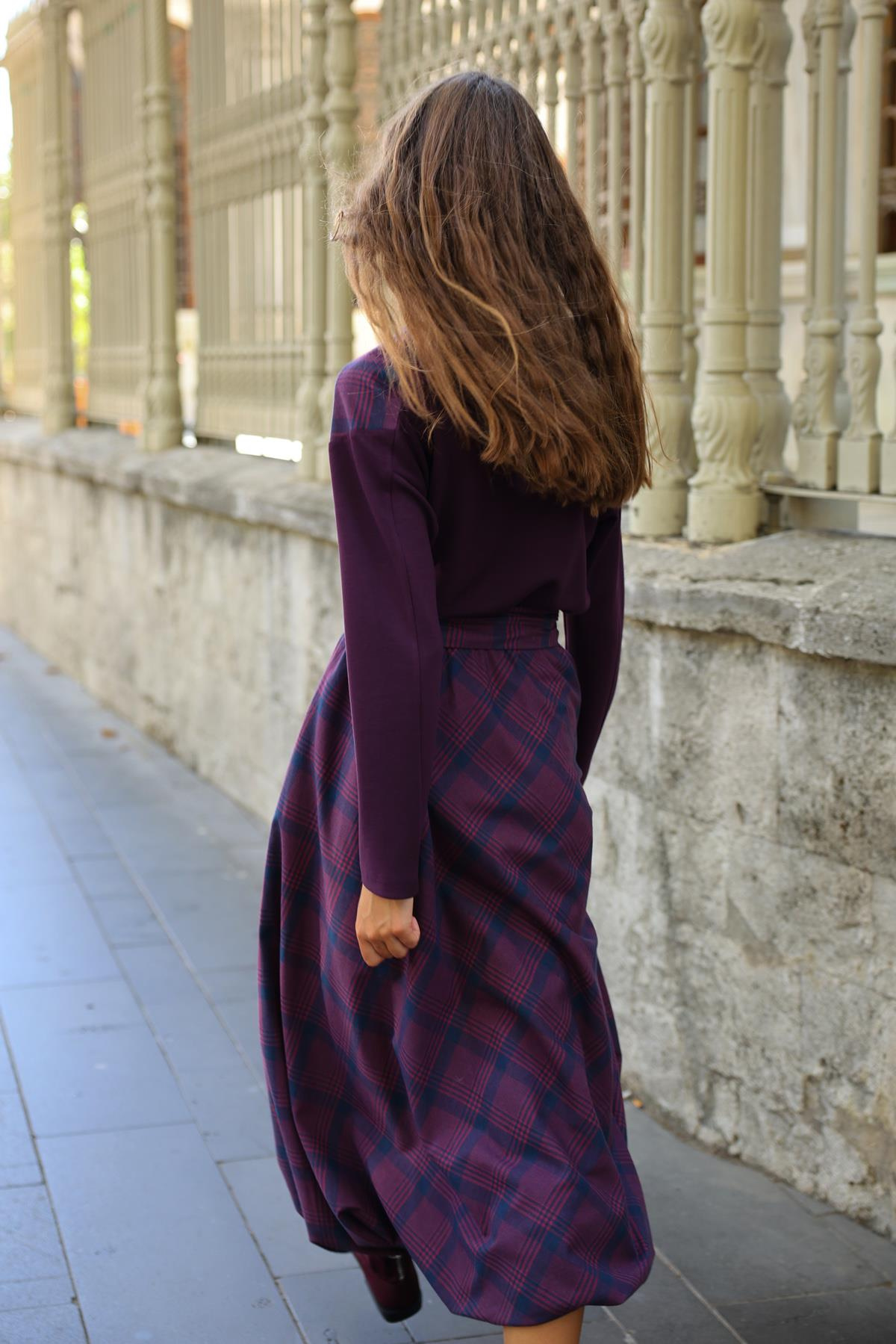 İNCE MODAL BLUZLU BALON EKOSE ETEKLİ ELBİSE