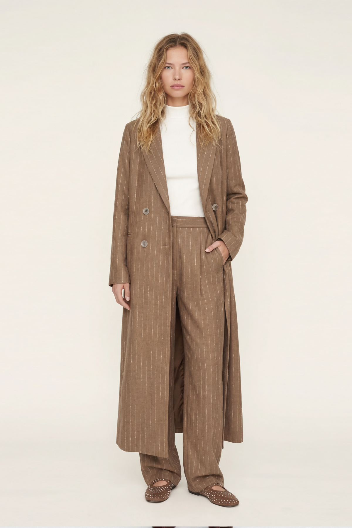 VISCON LINEN KESİK ÇİZGİLİ UZUN BLAZER CEKET