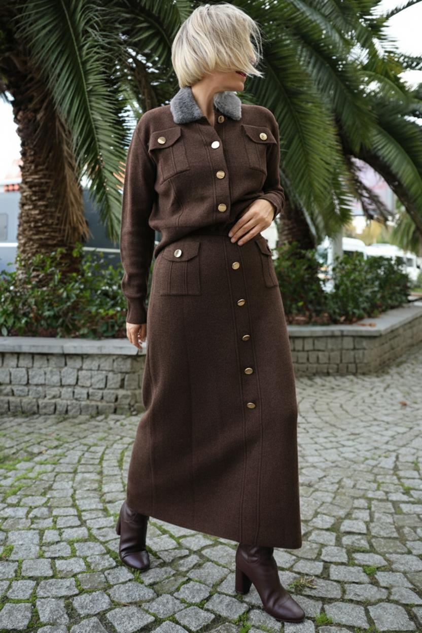 TRİKO 24036 YAKASI KÜRKLÜ HIRKA VE ETEK TAKIM