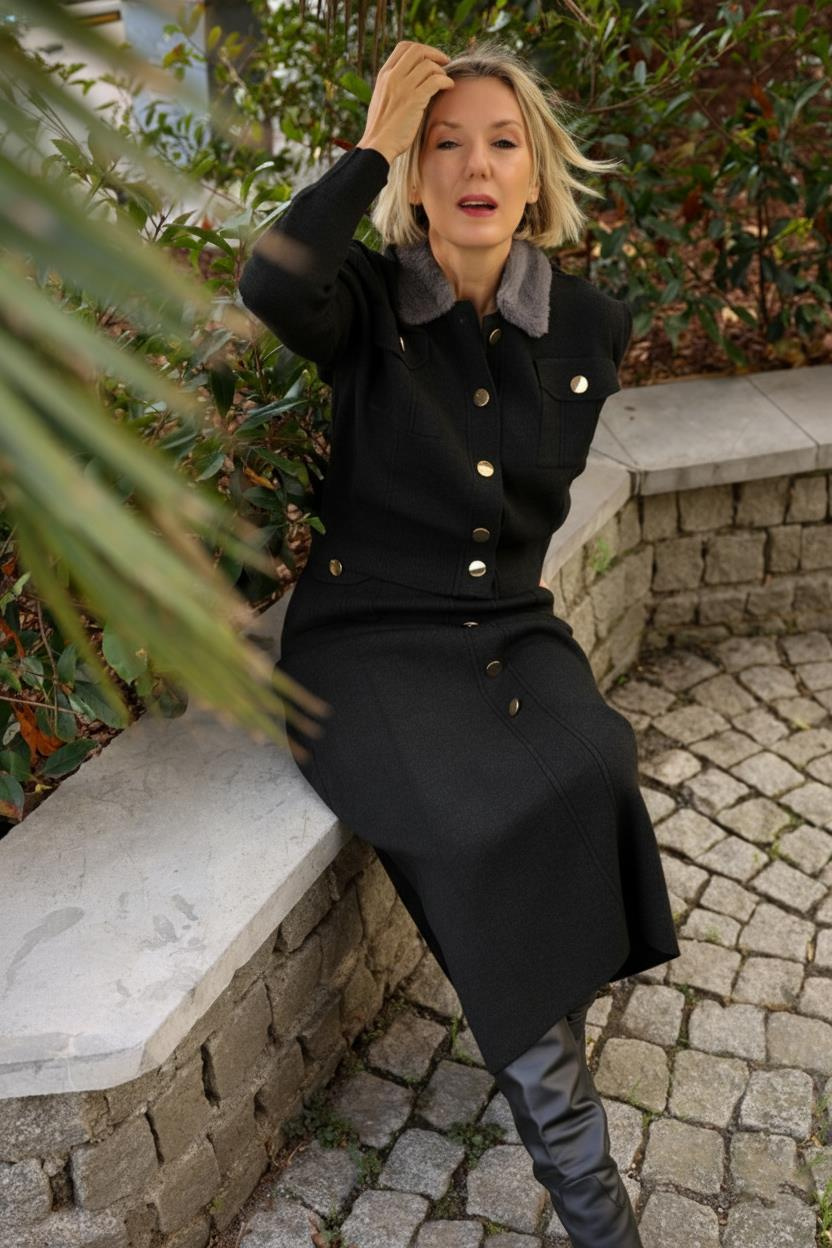 TRİKO 24036 YAKASI KÜRKLÜ HIRKA VE ETEK TAKIM1