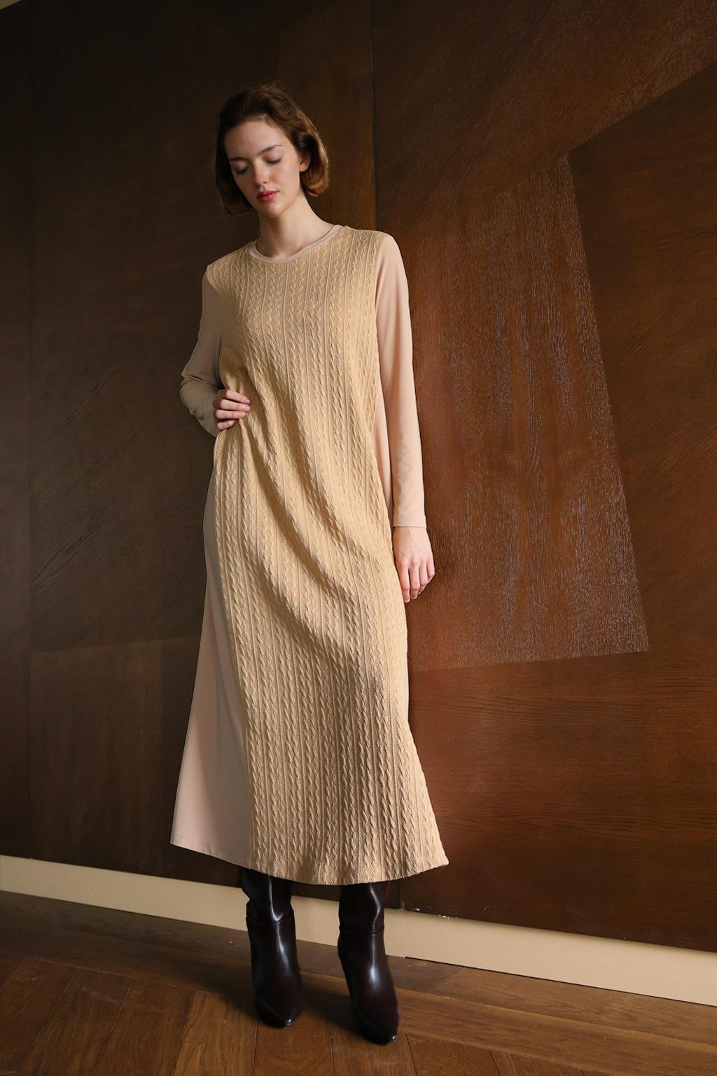 TRİKO JAKARLI COTTON KREP ELBİSE