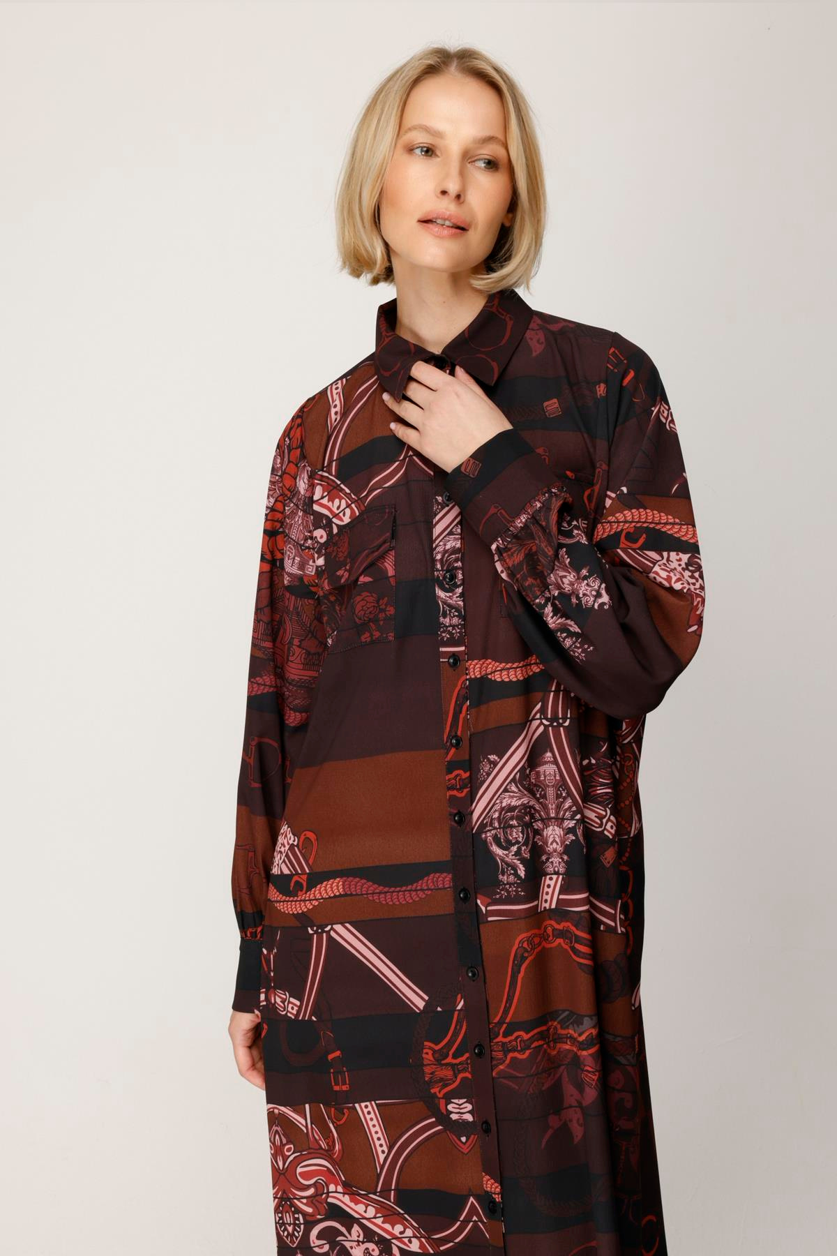 BUBBLE KREP BLOK ÇİZGİLİ ARMA DESEN GÖMLEK ELBİSE