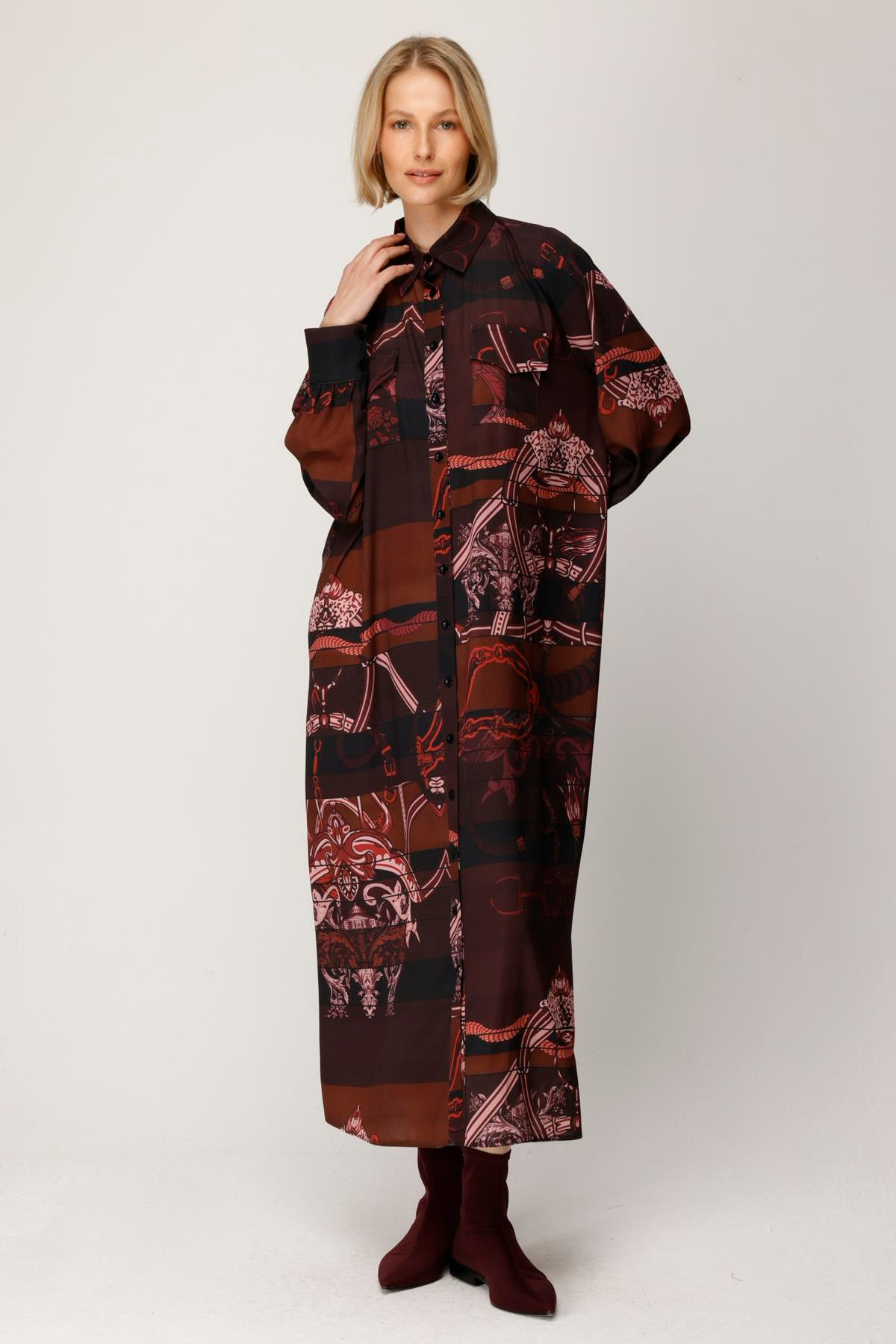 BUBBLE KREP BLOK ÇİZGİLİ ARMA DESEN GÖMLEK ELBİSE