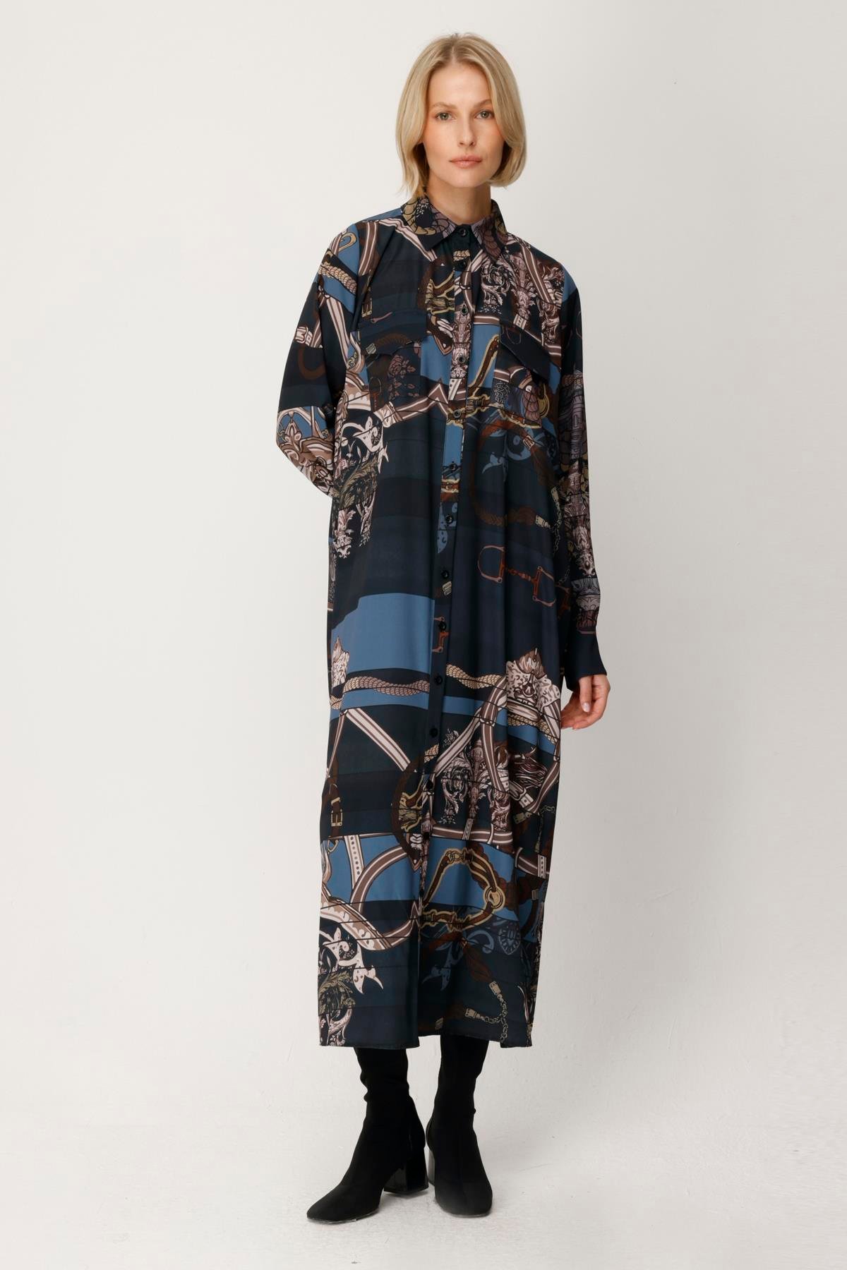 BUBBLE KREP BLOK ÇİZGİLİ ARMA DESEN GÖMLEK ELBİSE