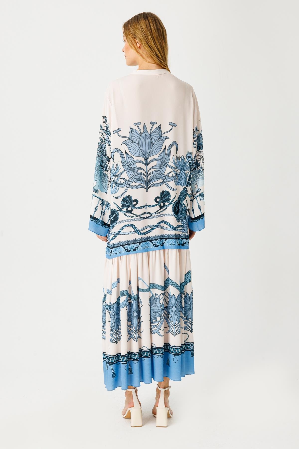 BUBLE ELÇİZİMİ NAKIŞ APOLET DESENLİ GROGRENLİ ELBİSE