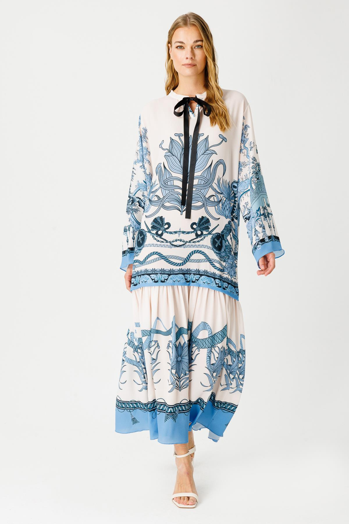 BUBLE ELÇİZİMİ NAKIŞ APOLET DESENLİ GROGRENLİ ELBİSE